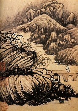  drag Pintura - Shitao senderismo en la zona del templo del dragón 1707 chino tradicional